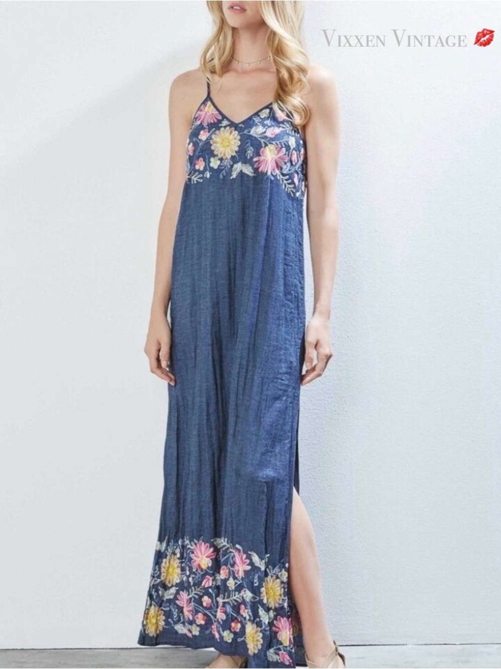 KAREN KANE FLORAL EMBROIDERED ‘PINK LEMONADE MAXI DRESS’ IN DENIM
